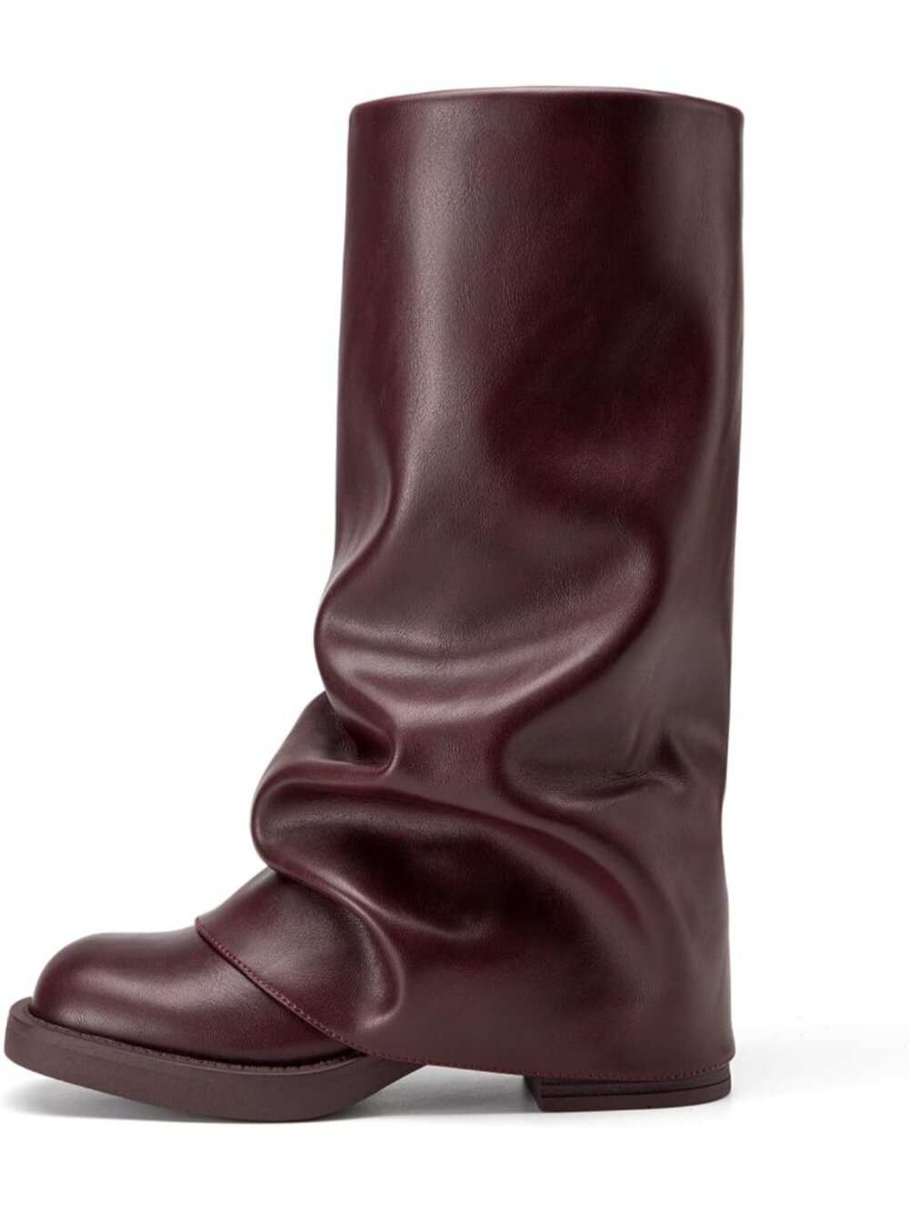 Women's Burgundy Fold Over Wide Calf Chunky Platform Low Heel Square Toe Boots